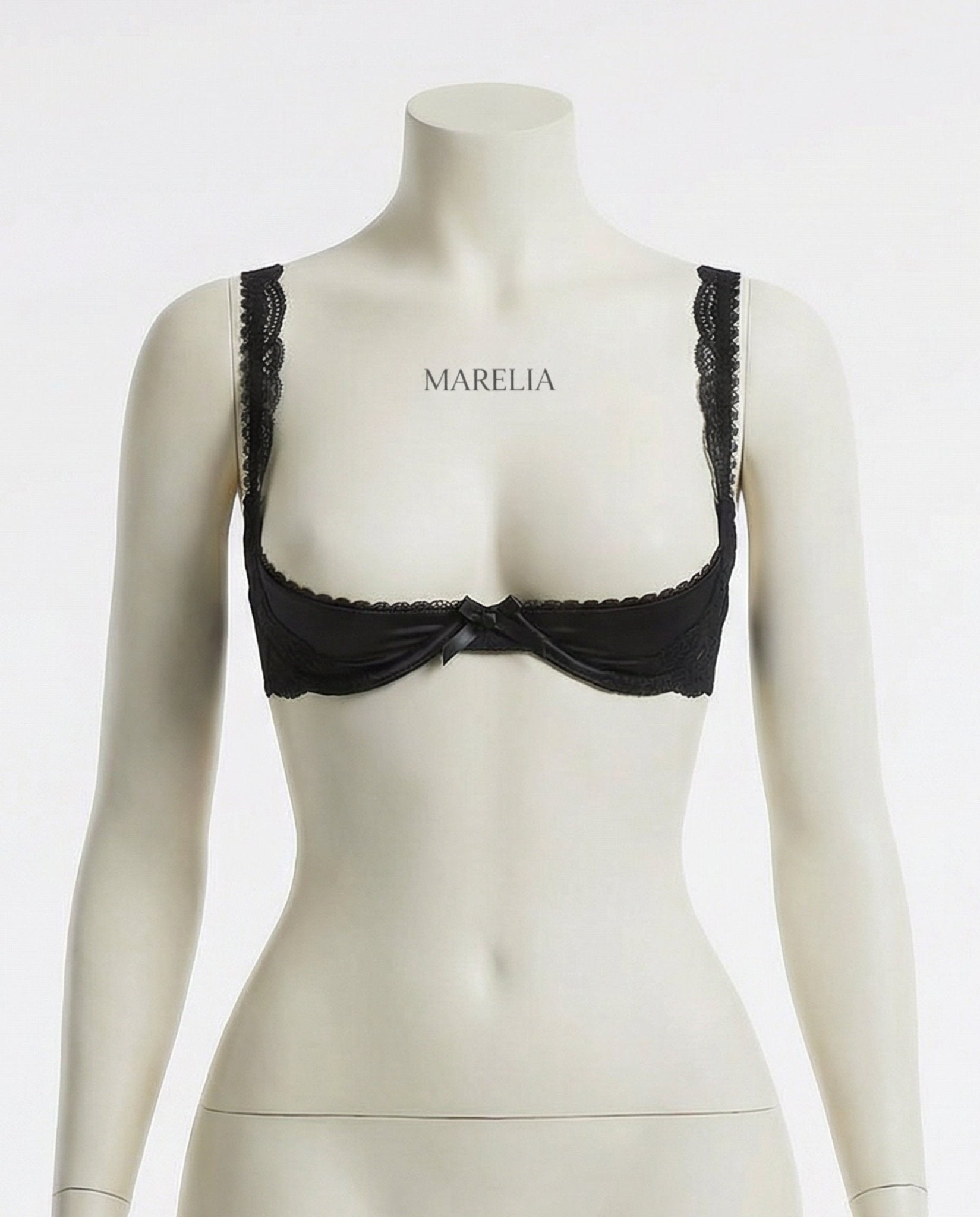 Black Lace Trim Underwire Balconette Bra - Marelia