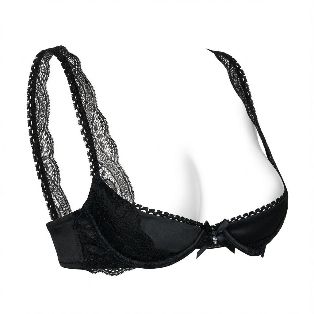 Black Lace Trim Underwire Balconette Bra - Marelia