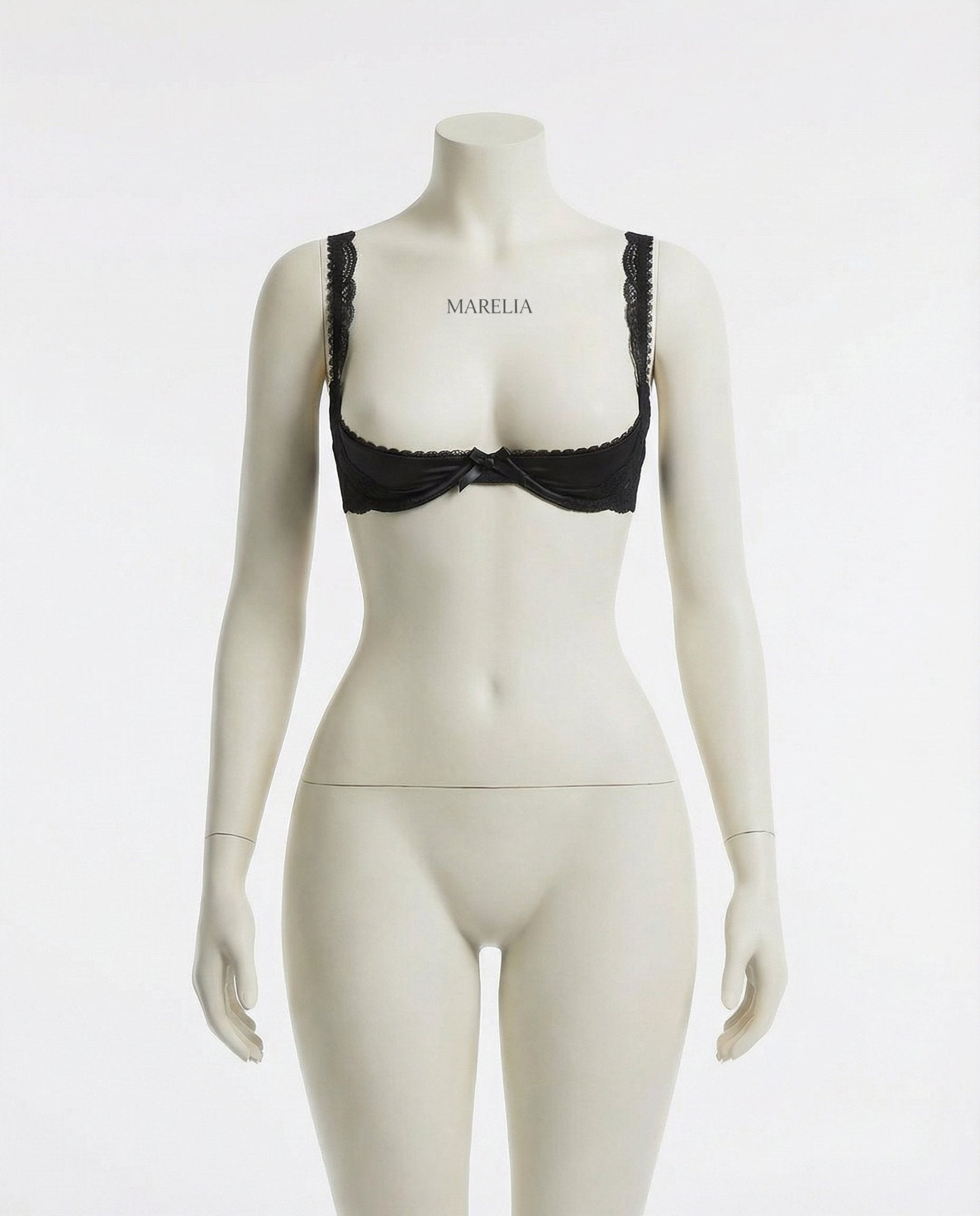 Black Lace Trim Underwire Balconette Bra - Marelia