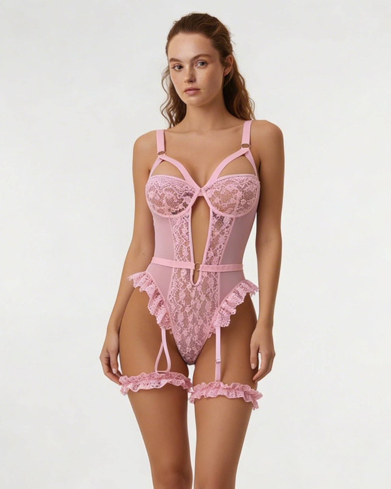 Pink Lace Underwire Bodysuit With Garter Straps - Marelia