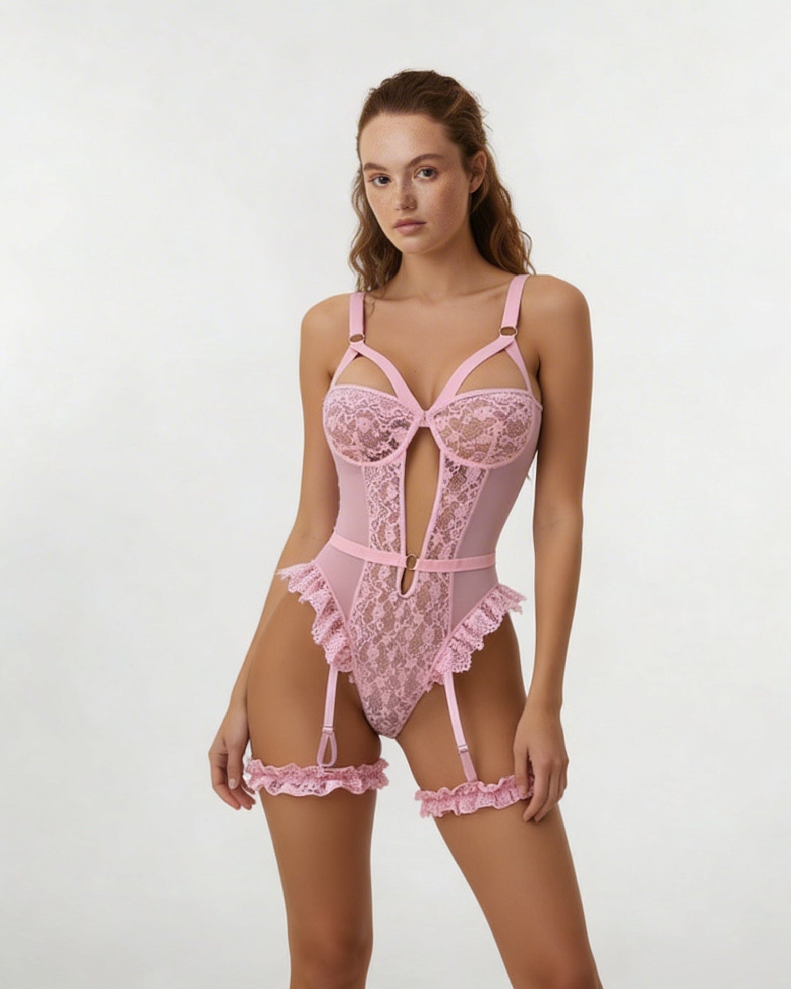 Lace Underwire Bodysuit With Garter Straps - Marelia