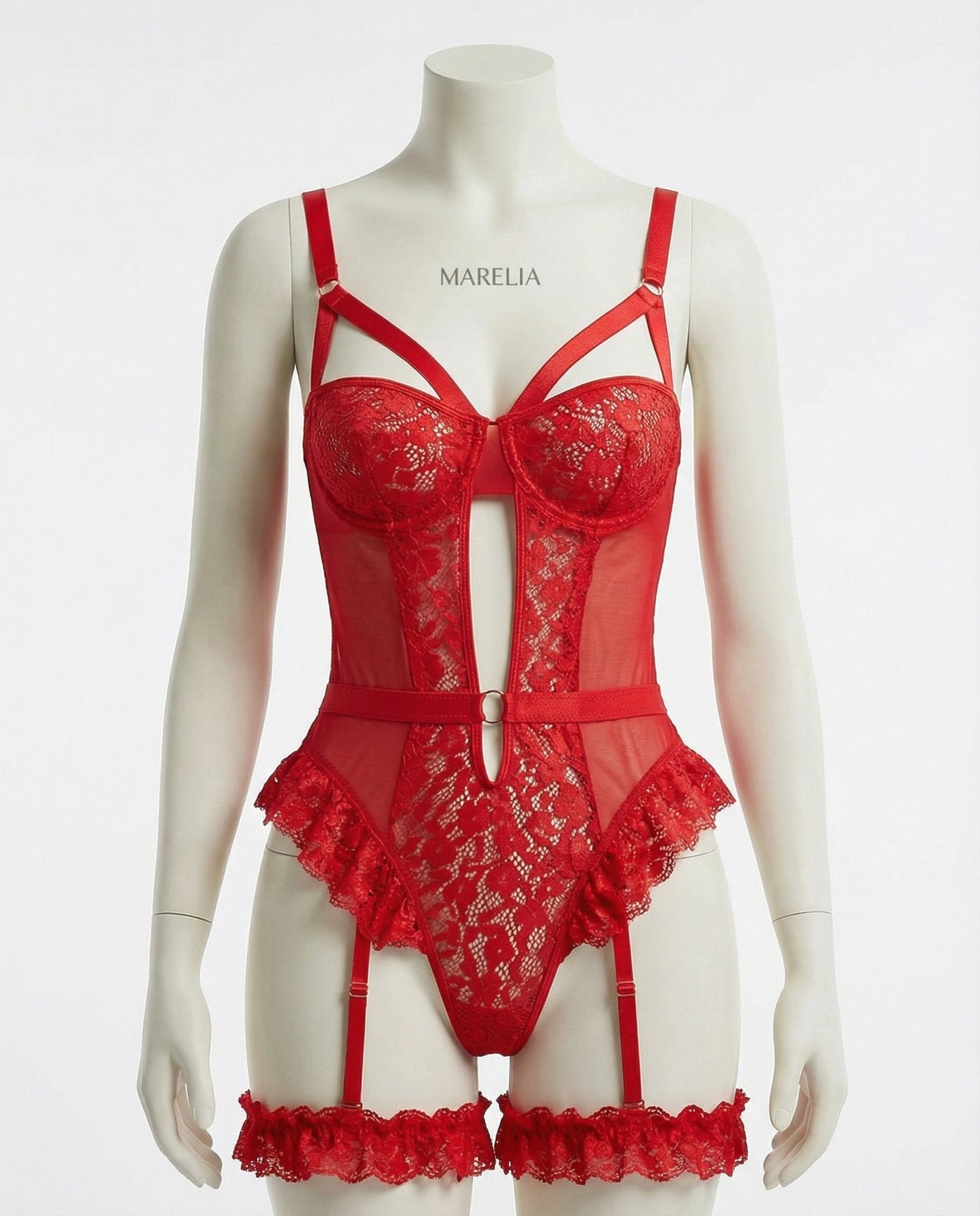 Red Lace Underwire Bodysuit With Garter Straps - Marelia