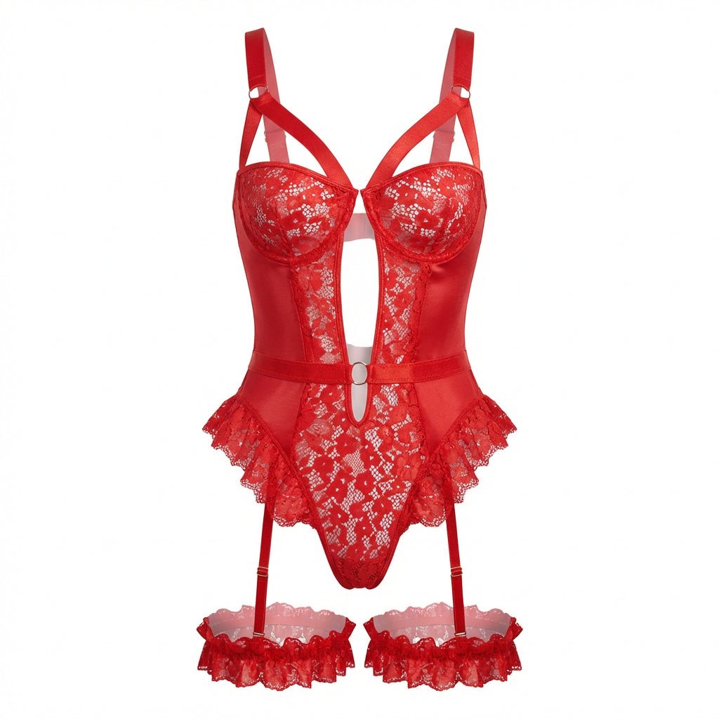 Red Lace Underwire Bodysuit With Garter Straps - Marelia