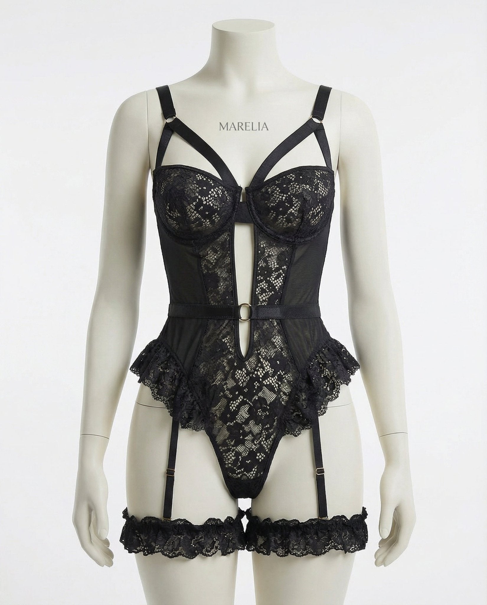 Black Lace Underwire Bodysuit With Garter Straps - Marelia