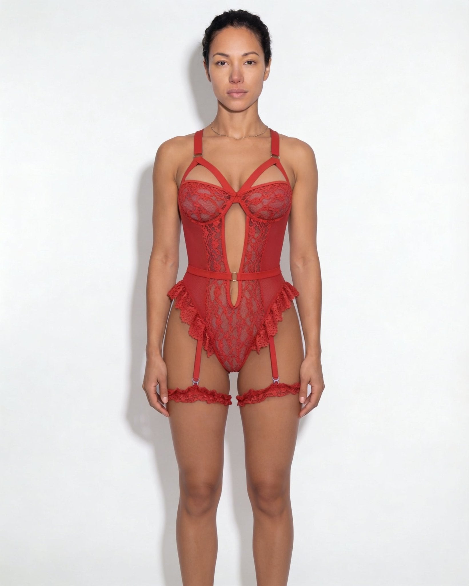 Red Lace Underwire Bodysuit With Garter Straps - Marelia