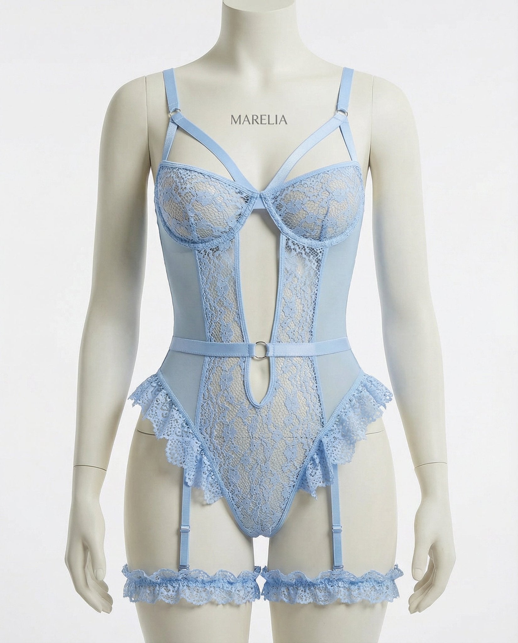 Baby Blue Lace Underwire Bodysuit With Garter Straps - Marelia