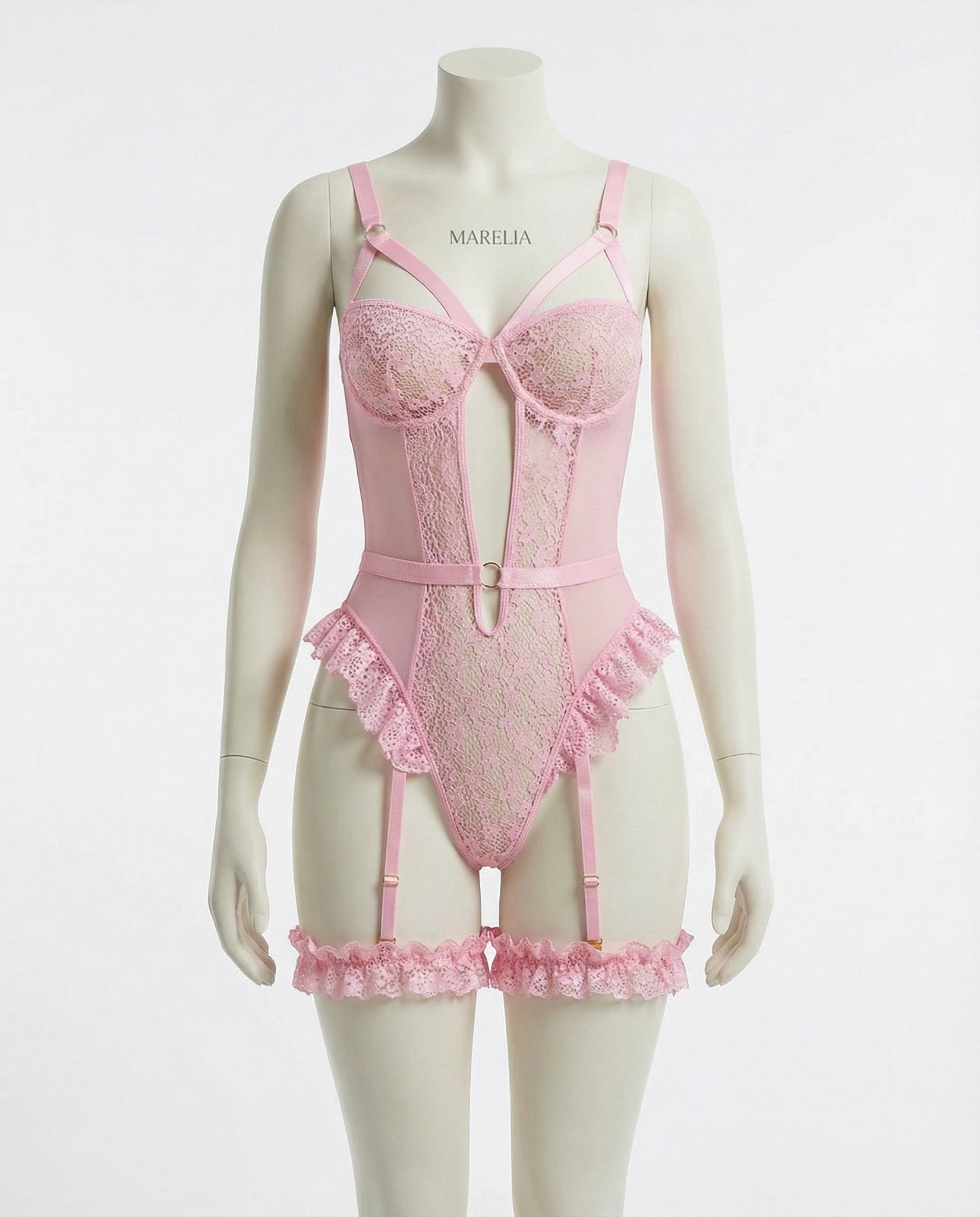 Pink Lace Underwire Bodysuit With Garter Straps - Marelia