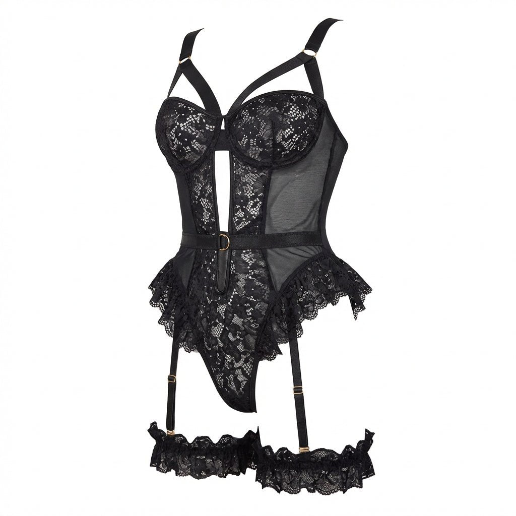 Black Lace Underwire Bodysuit With Garter Straps - Marelia