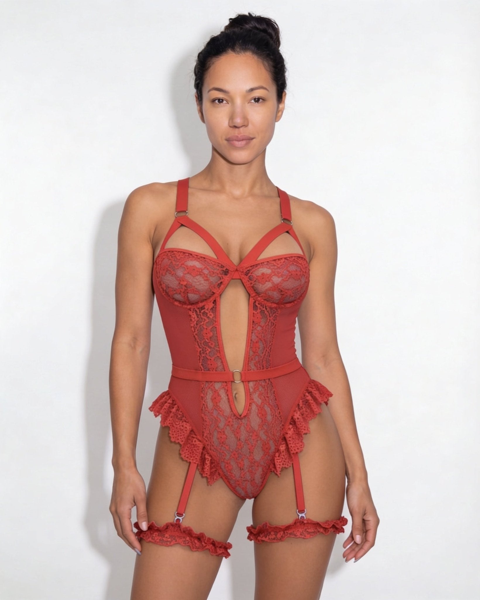 Red Lace Underwire Bodysuit With Garter Straps - Marelia