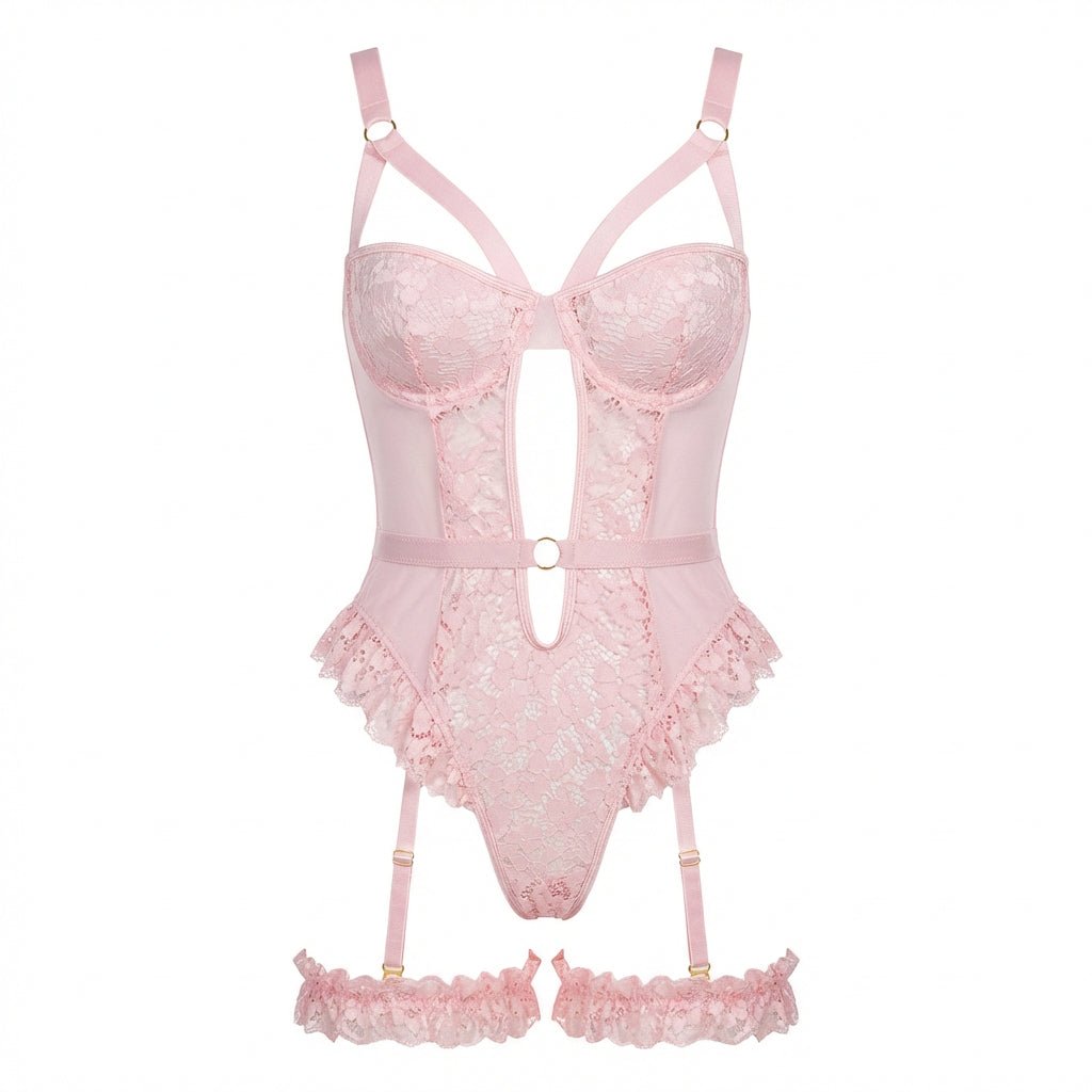 Pink Lace Underwire Bodysuit With Garter Straps - Marelia