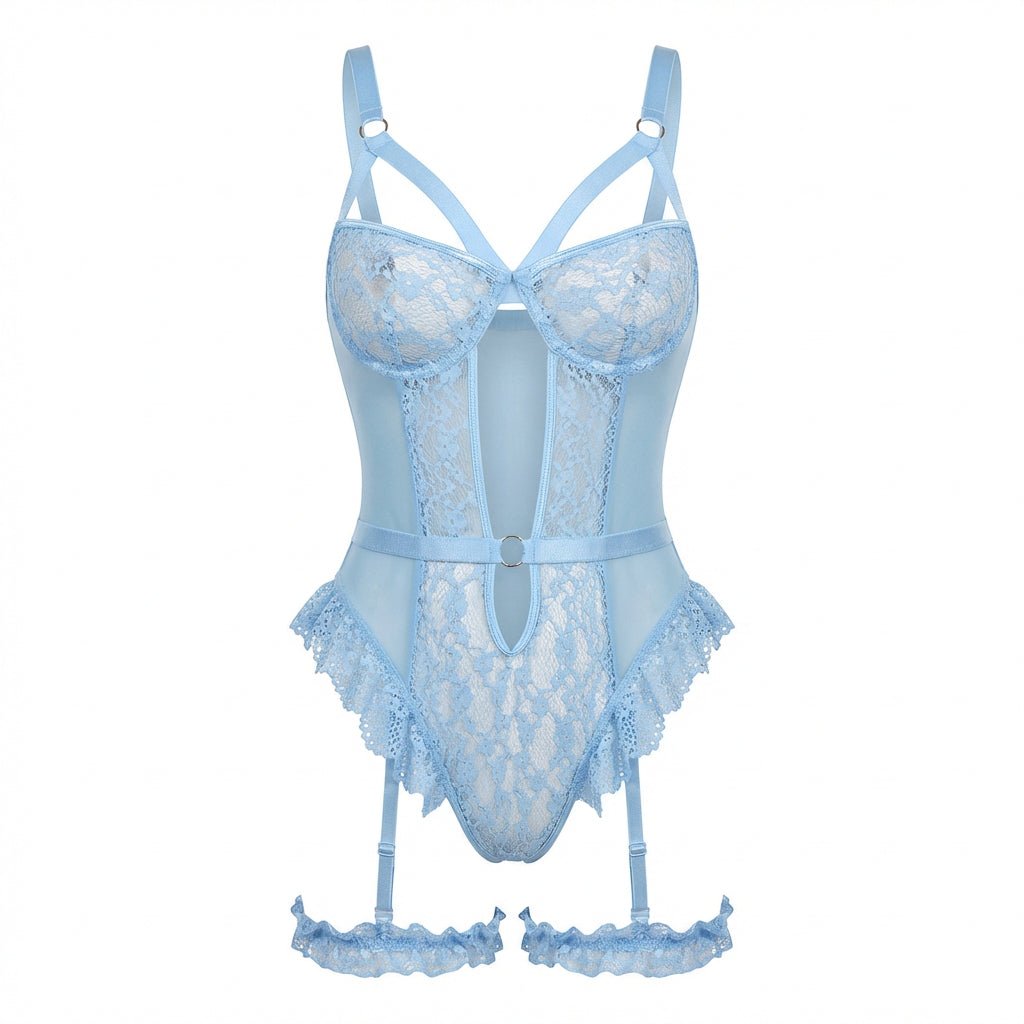 Baby Blue Lace Underwire Bodysuit With Garter Straps - Marelia