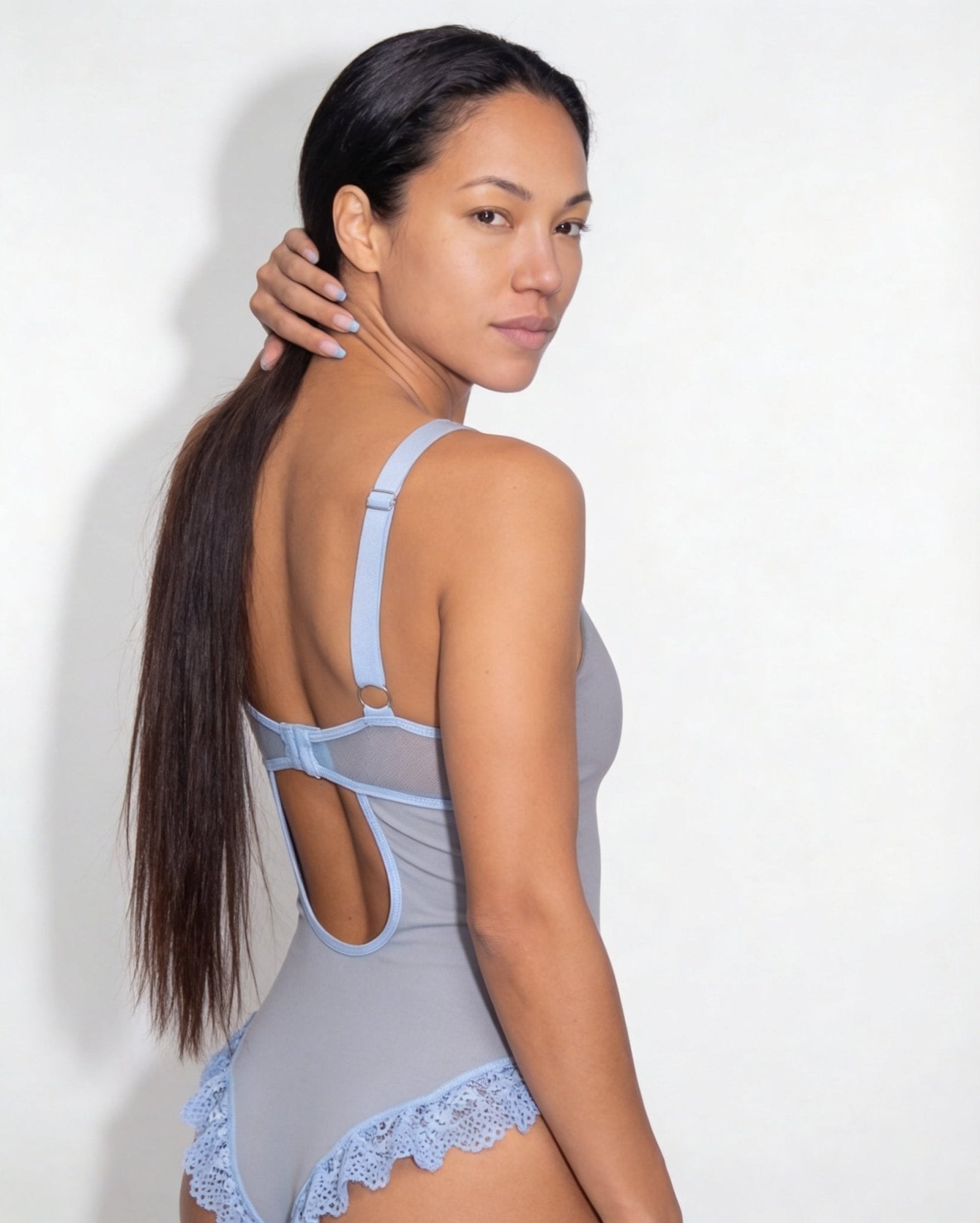 Baby Blue Lace Underwire Bodysuit With Garter Straps - Marelia