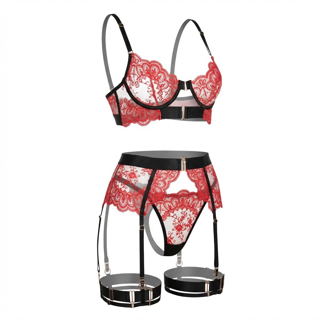 Lace Underwire Bra And Brief Set With Garter Accessories - MARELIA