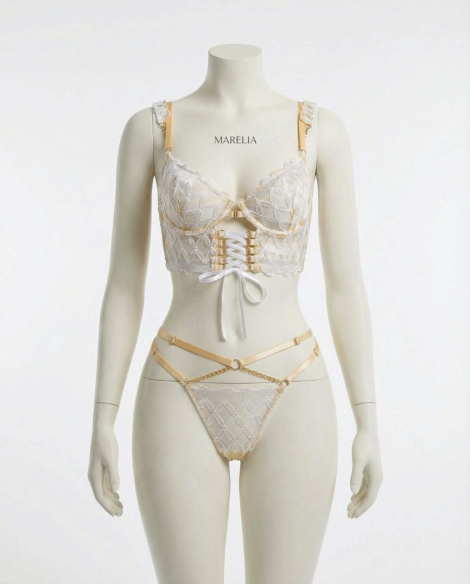 White Lace Underwire Bra And Strappy Brief Set - Marelia