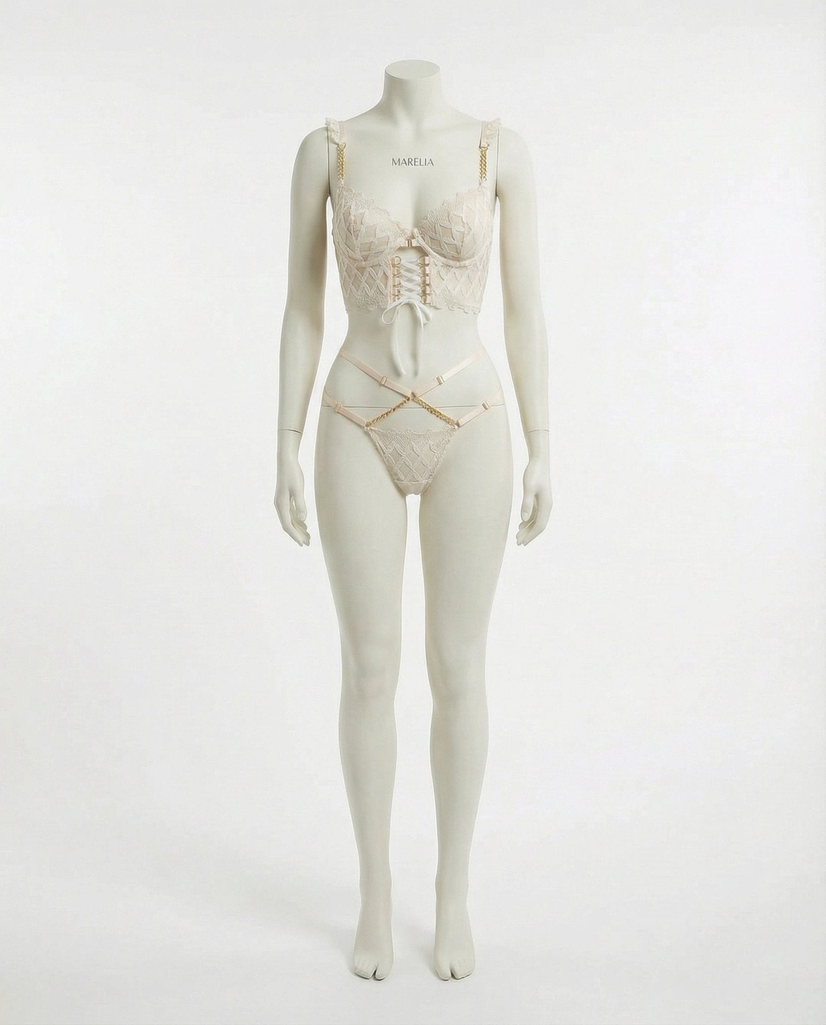 White Lace Underwire Bra And Strappy Brief Set - Marelia