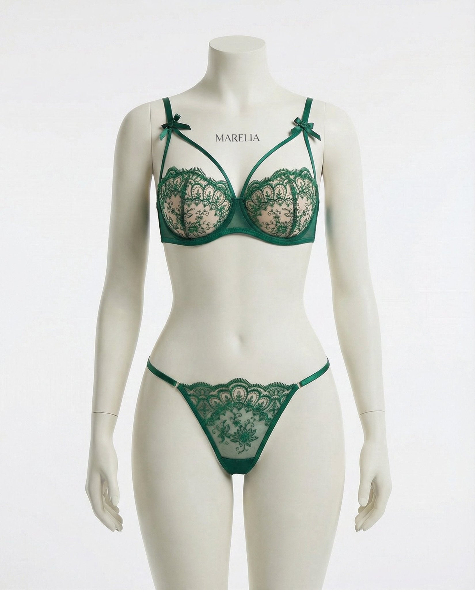 Green Lace Underwire Bra And Thong Set - Marelia