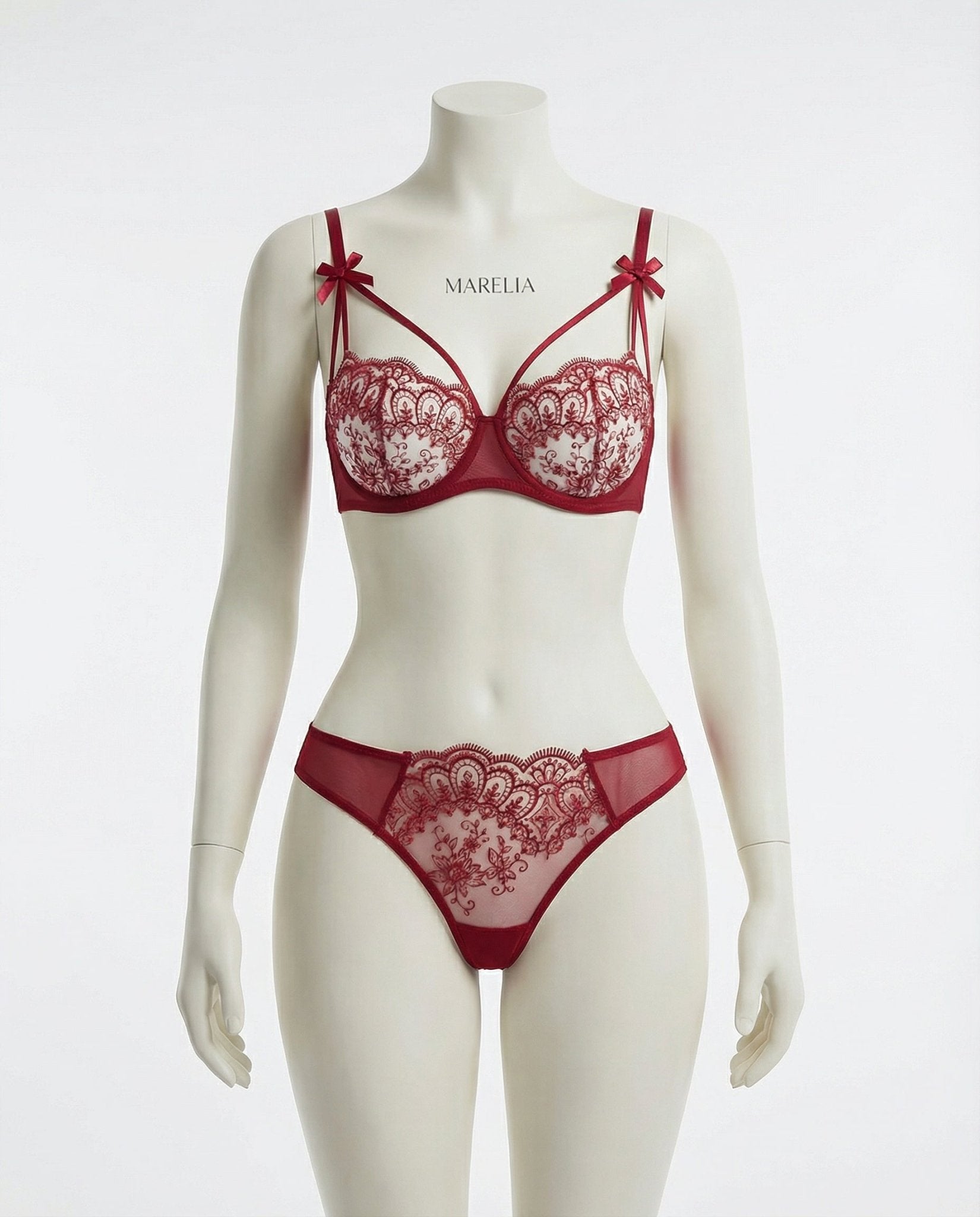 Burgundy Lace Underwire Bra And Thong Set - Marelia