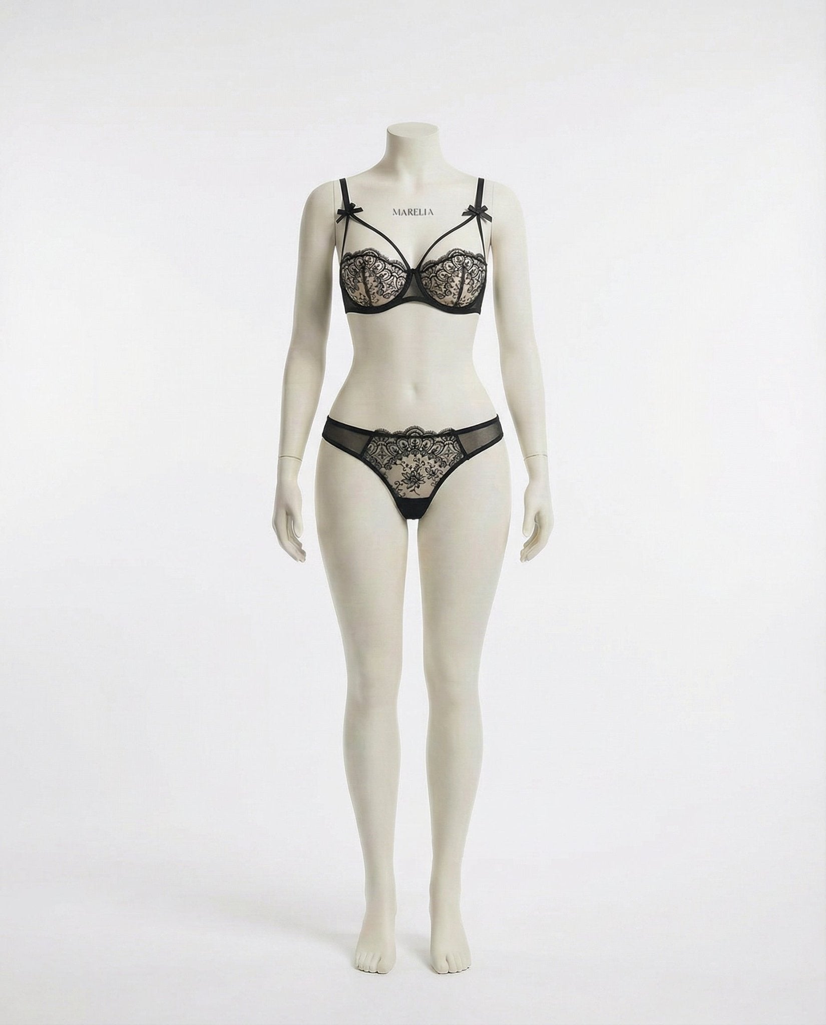 Black Lace Underwire Bra And Thong Set - Marelia