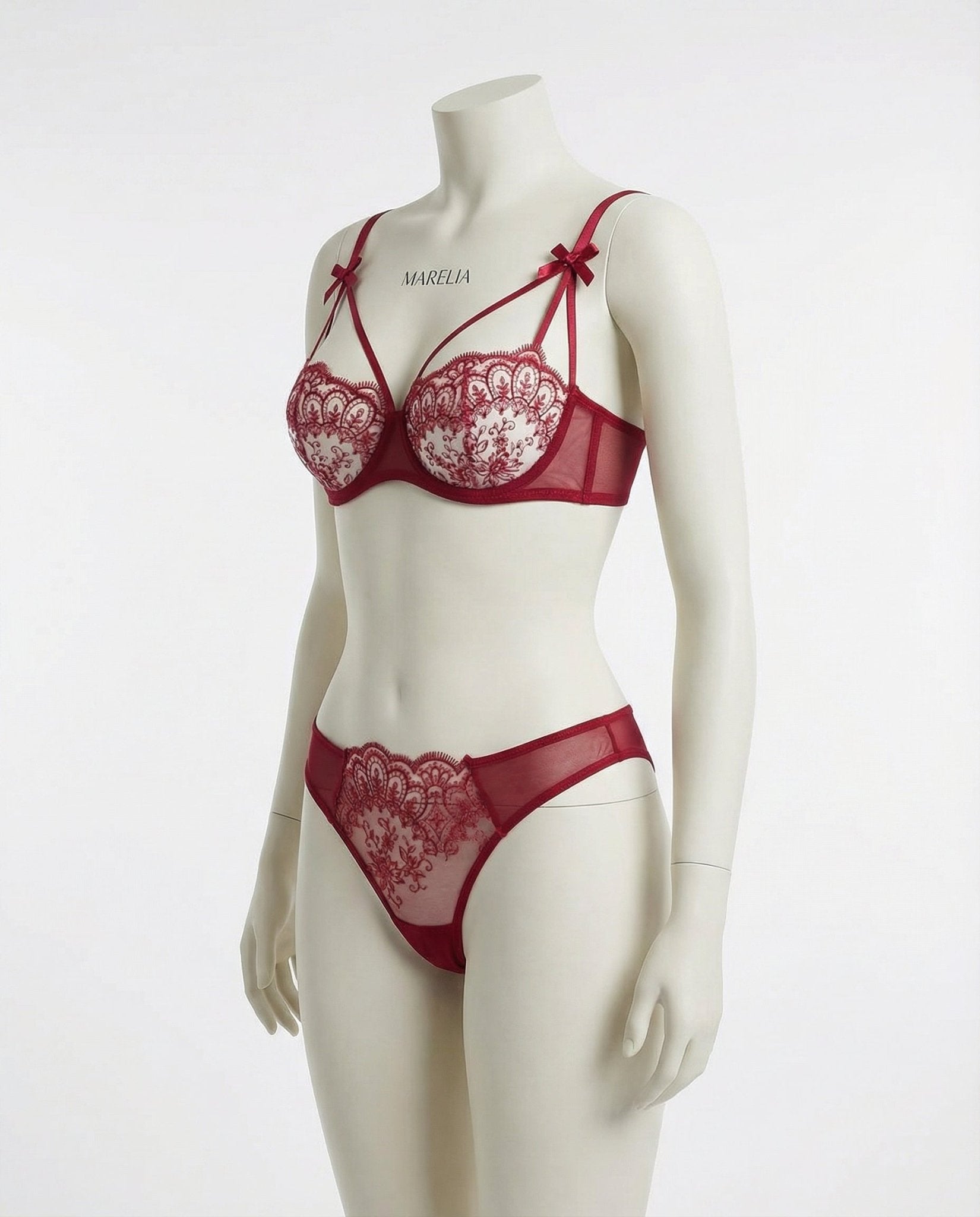 Burgundy Lace Underwire Bra And Thong Set - Marelia