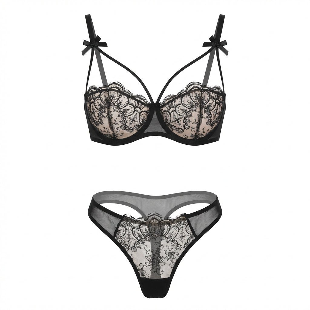 Black Lace Underwire Bra And Thong Set - Marelia