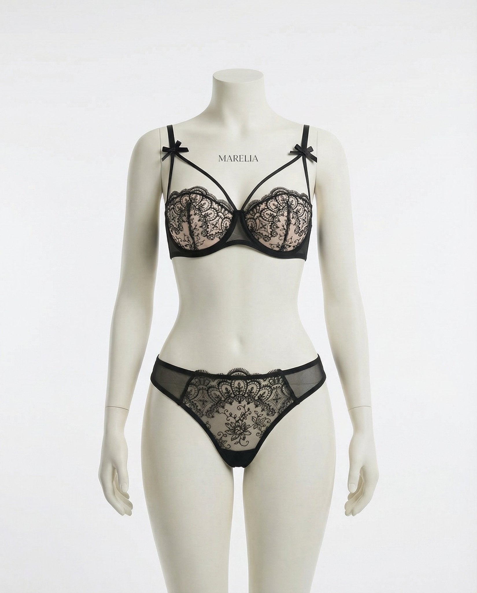 Black Lace Underwire Bra And Thong Set - Marelia