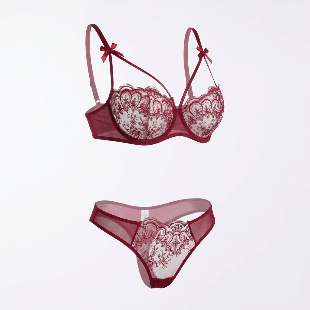 Burgundy Lace Underwire Bra And Thong Set - Marelia