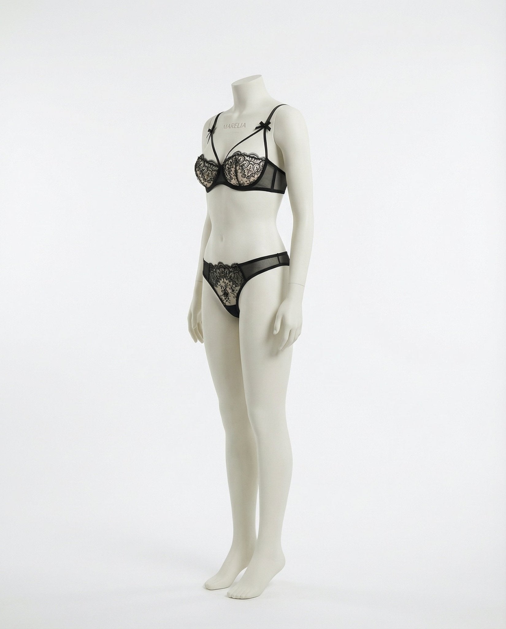 Black Lace Underwire Bra And Thong Set - Marelia