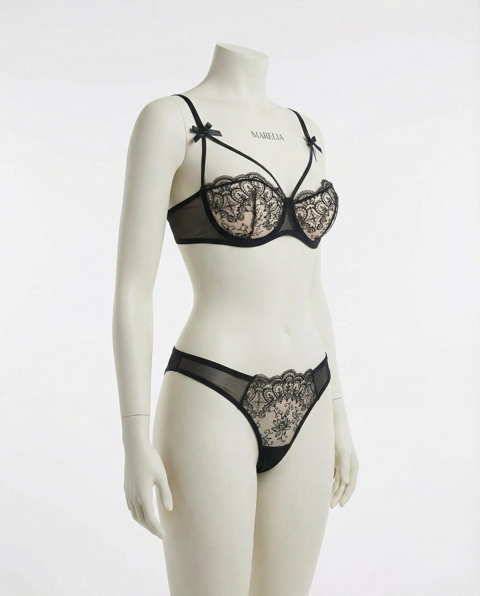 Black Lace Underwire Bra And Thong Set - Marelia