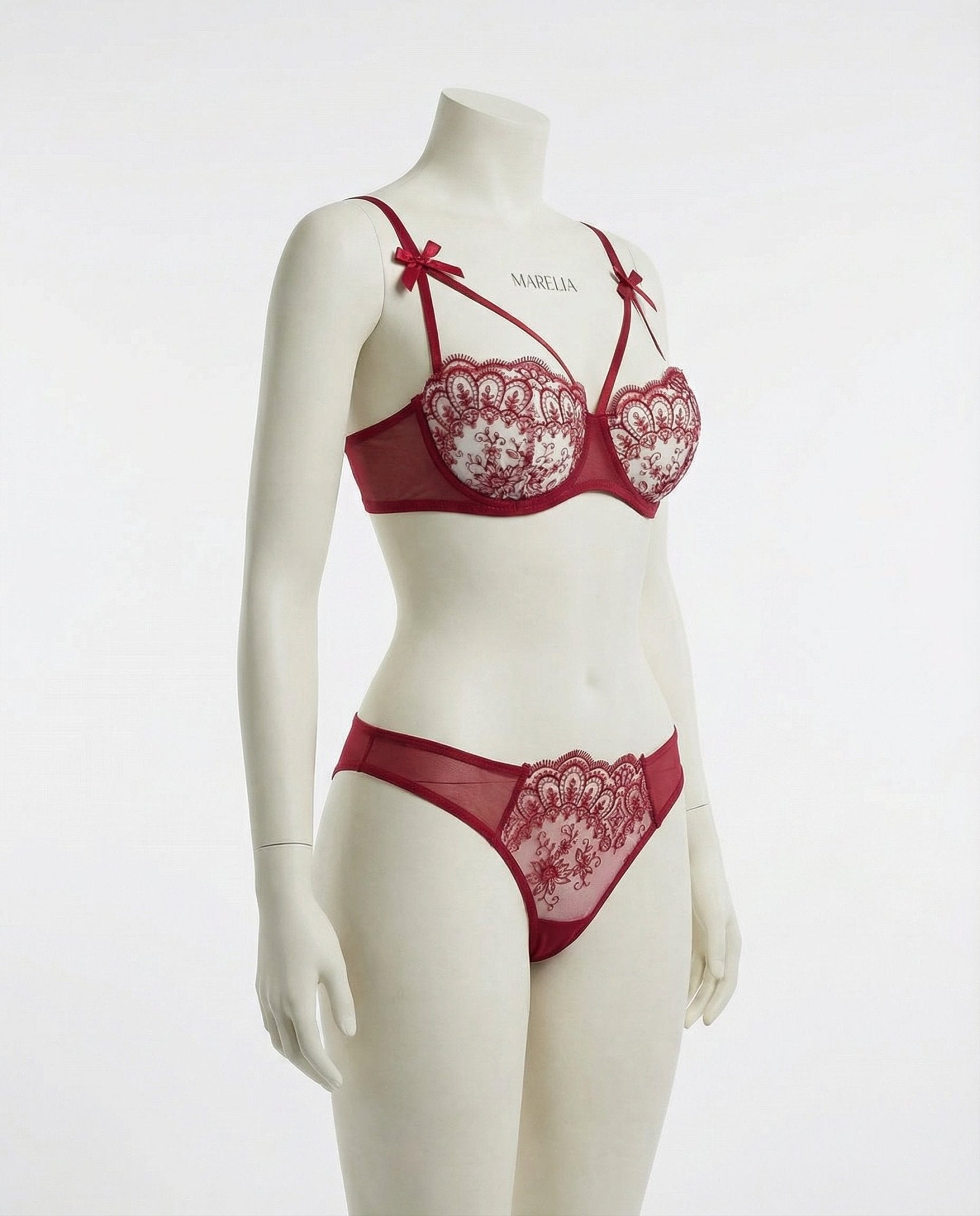 Burgundy Lace Underwire Bra And Thong Set - Marelia