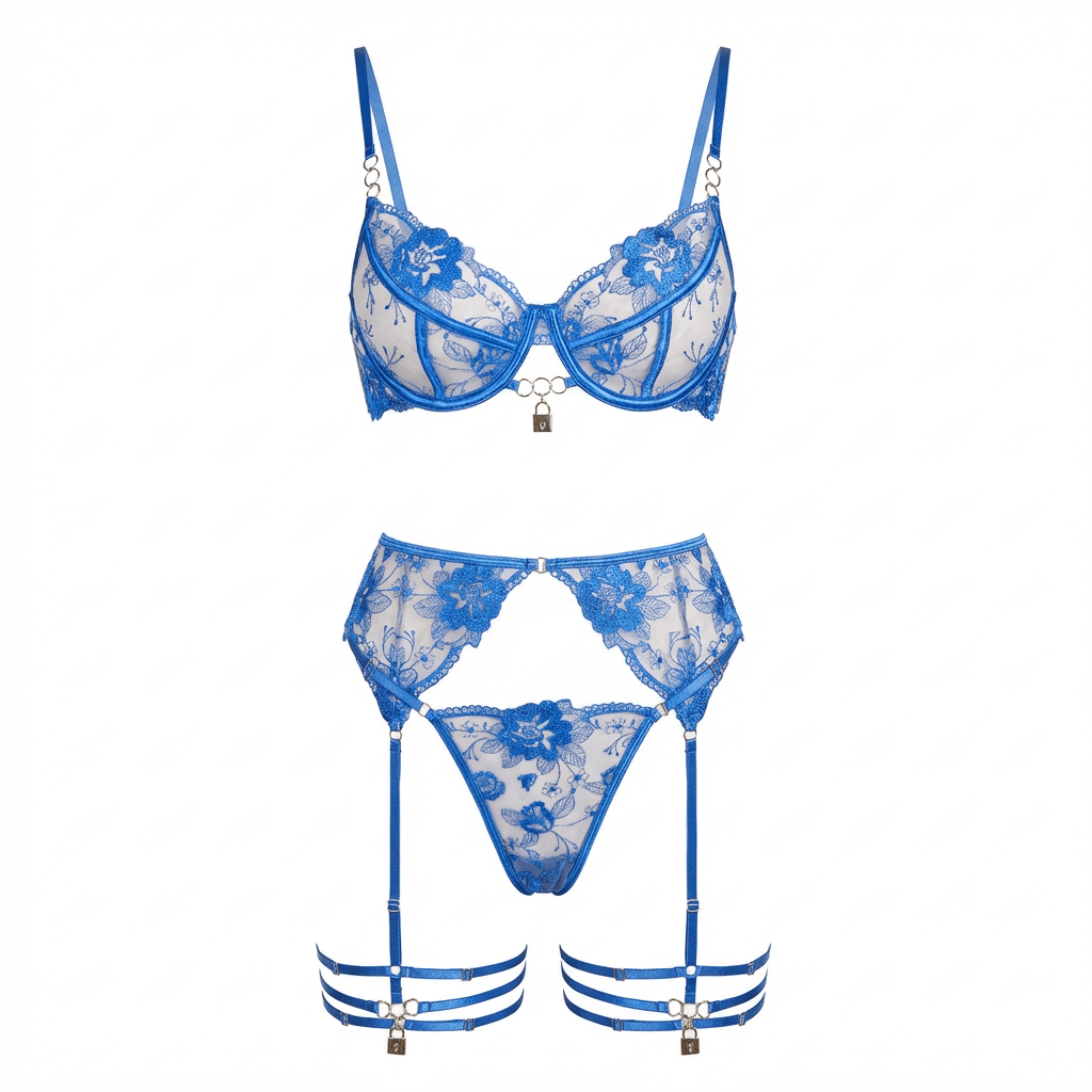 Blue Lace Underwire Bra Brief And Suspender Belt Set - Marelia