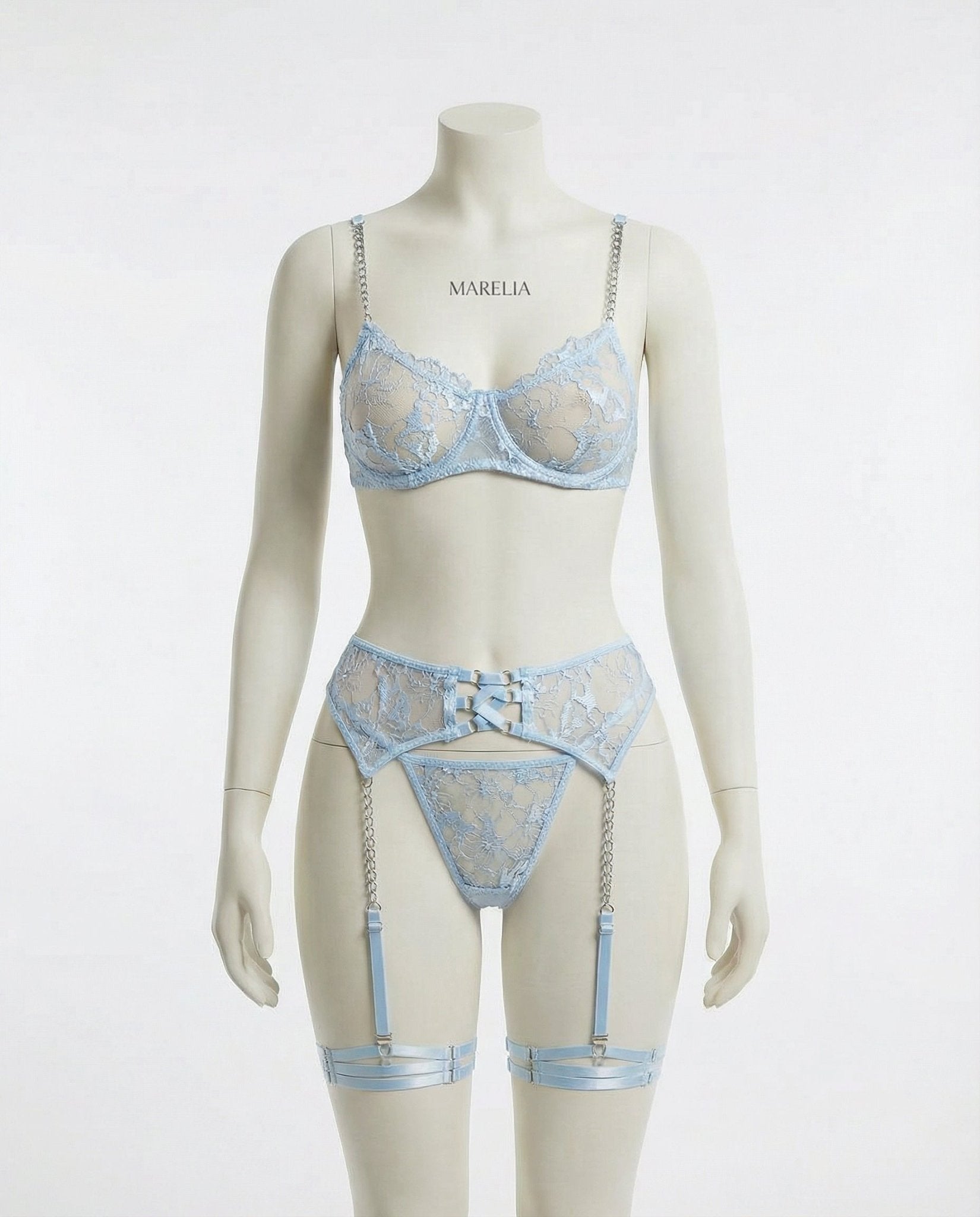 Sky Blue Lace Underwire Bra Suspender Belt And Thong Set - Marelia