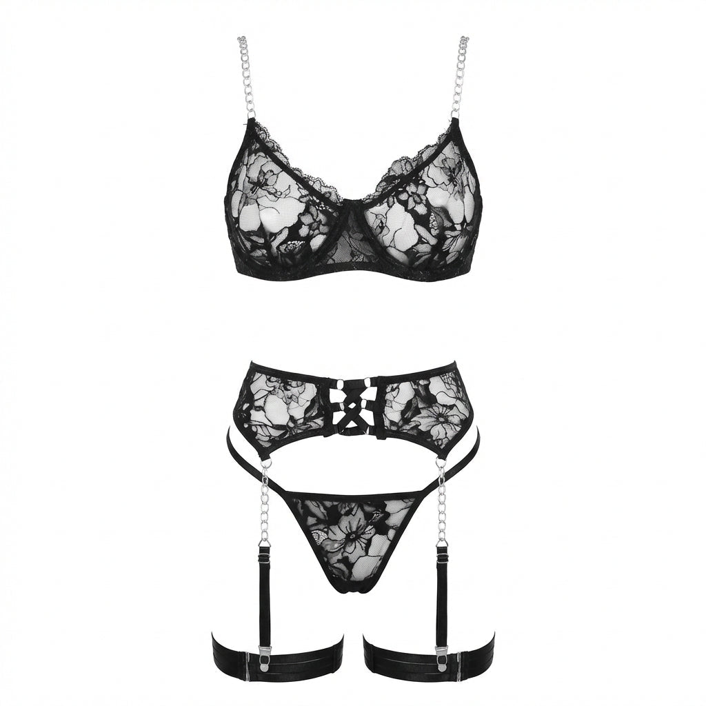 Black Lace Underwire Bra Suspender Belt And Thong Set - Marelia