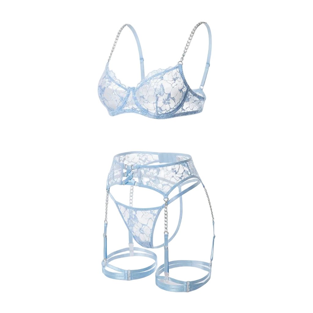 Sky Blue Lace Underwire Bra Suspender Belt And Thong Set - Marelia