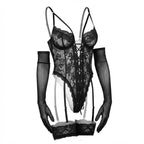 Black Lace Underwire Teddy Gloves And Stockings Set - MARELIA