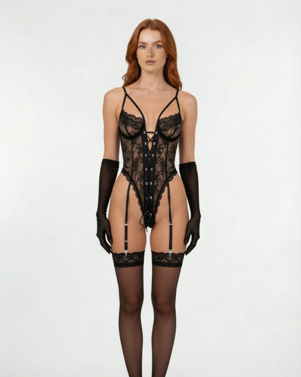 Black Lace Underwire Teddy Gloves And Stockings Set - MARELIA