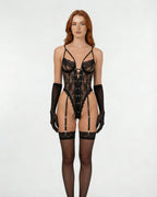 Black Lace Underwire Teddy Gloves And Stockings Set - MARELIA