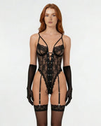 Black Lace Underwire Teddy Gloves And Stockings Set - MARELIA