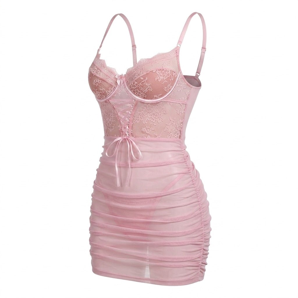 Pink Lace Underwired Ruched Mesh Mini Chemise - MARELIA