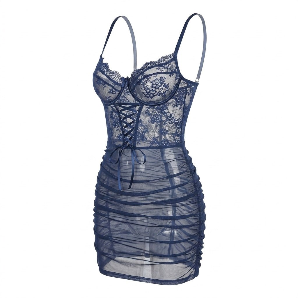 Navy Lace Underwired Ruched Mesh Mini Chemise - MARELIA