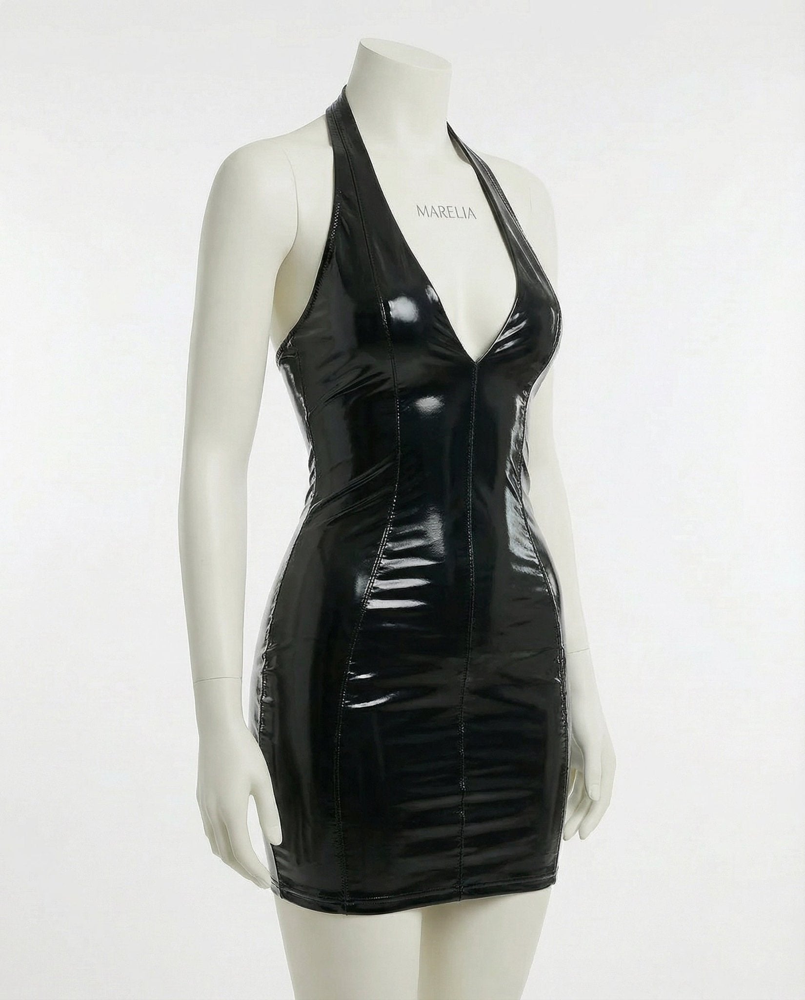 Black Latex Halter Neck Mini Dress - Marelia