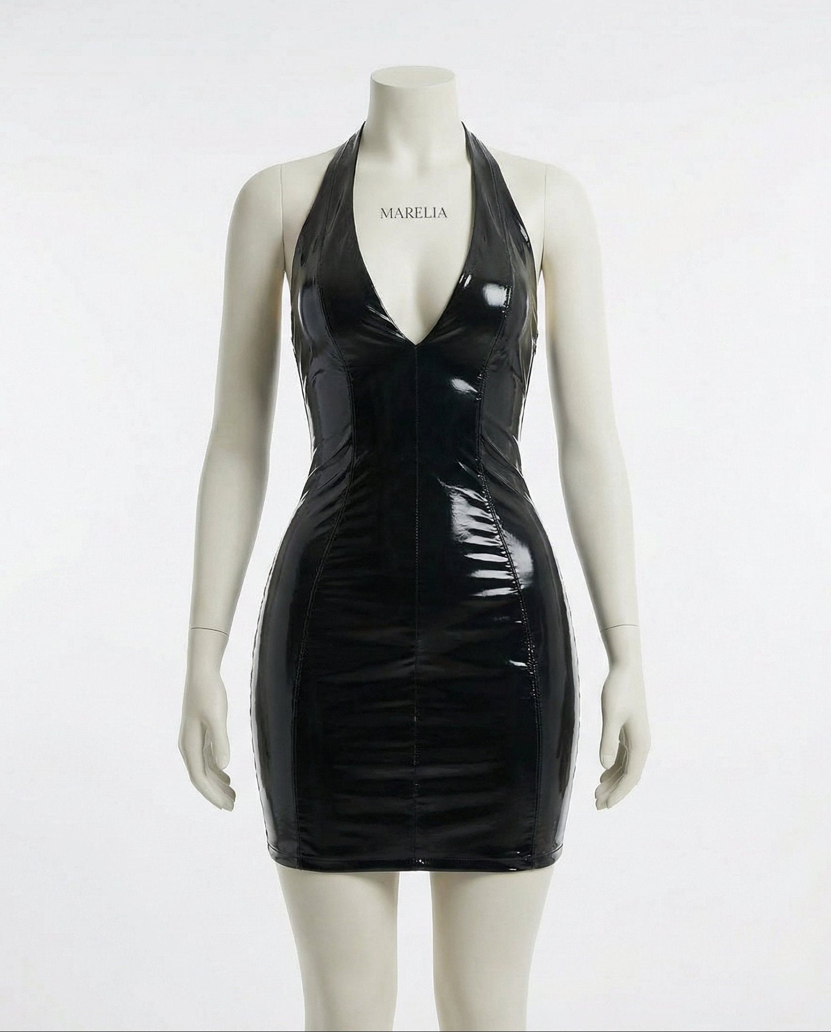 Black Latex Halter Neck Mini Dress - Marelia