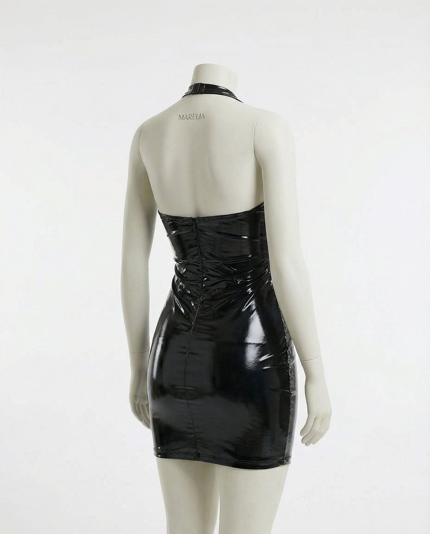 Black Latex Halter Neck Mini Dress - Marelia