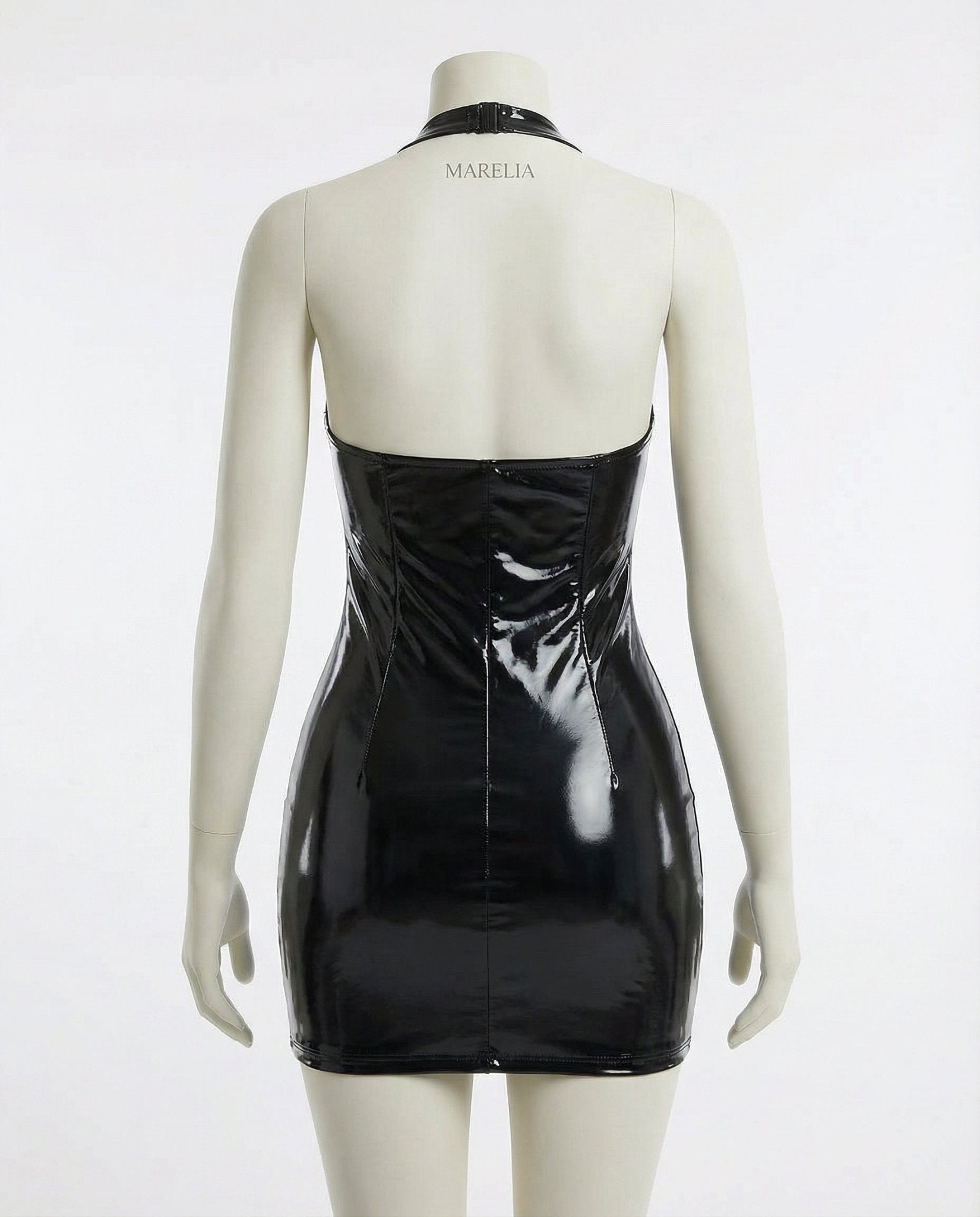 Black Latex Halter Neck Mini Dress - Marelia