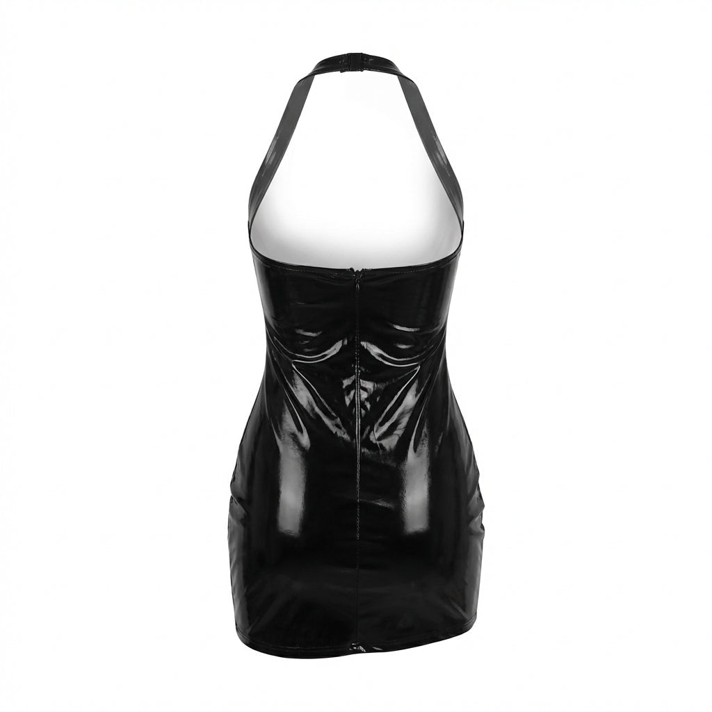 Black Latex Halter Neck Mini Dress - Marelia