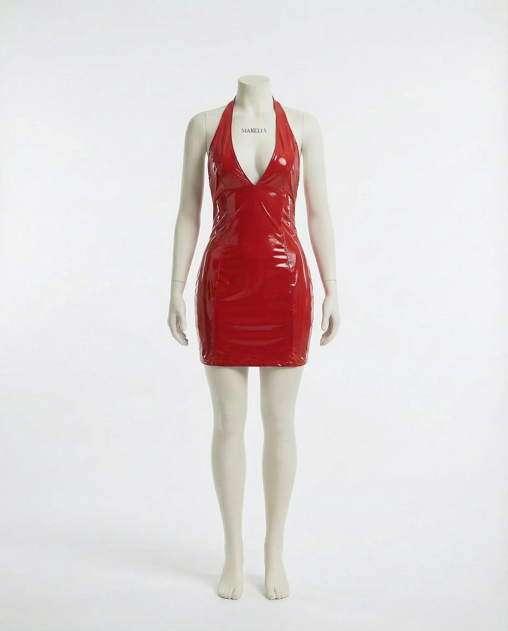 Red Latex Halter Neck Mini Dress - Marelia