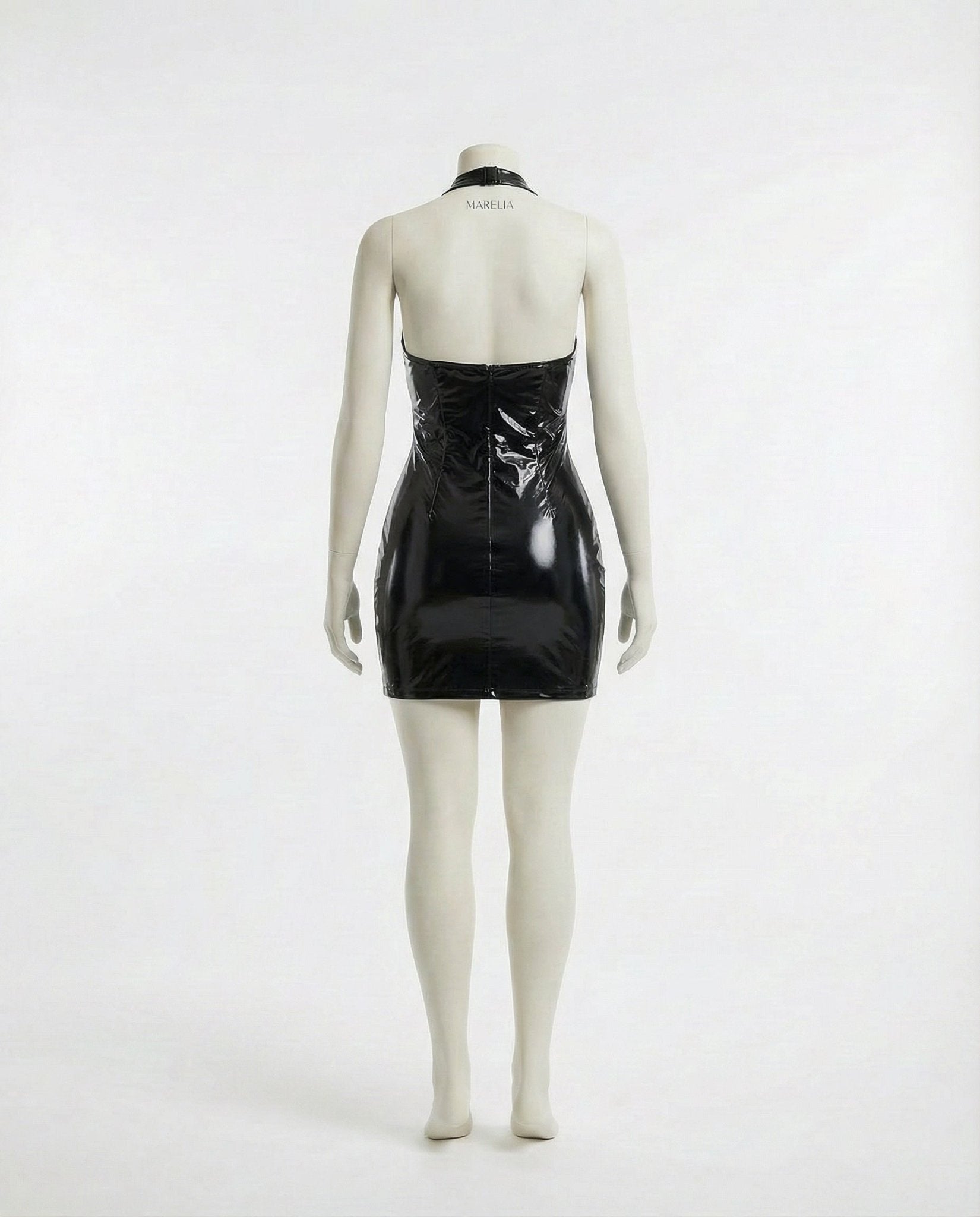 Black Latex Halter Neck Mini Dress - Marelia