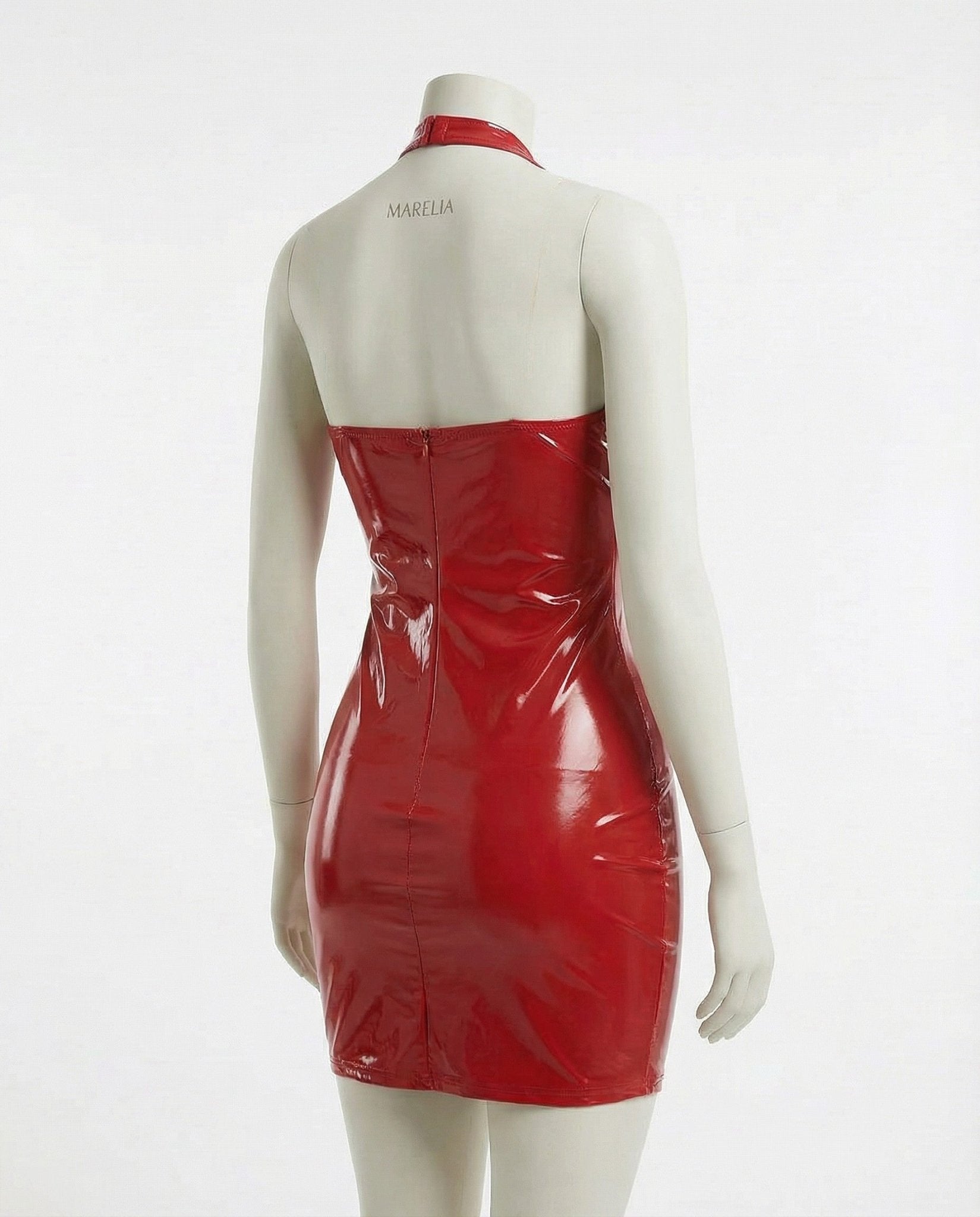 Red Latex Halter Neck Mini Dress - Marelia