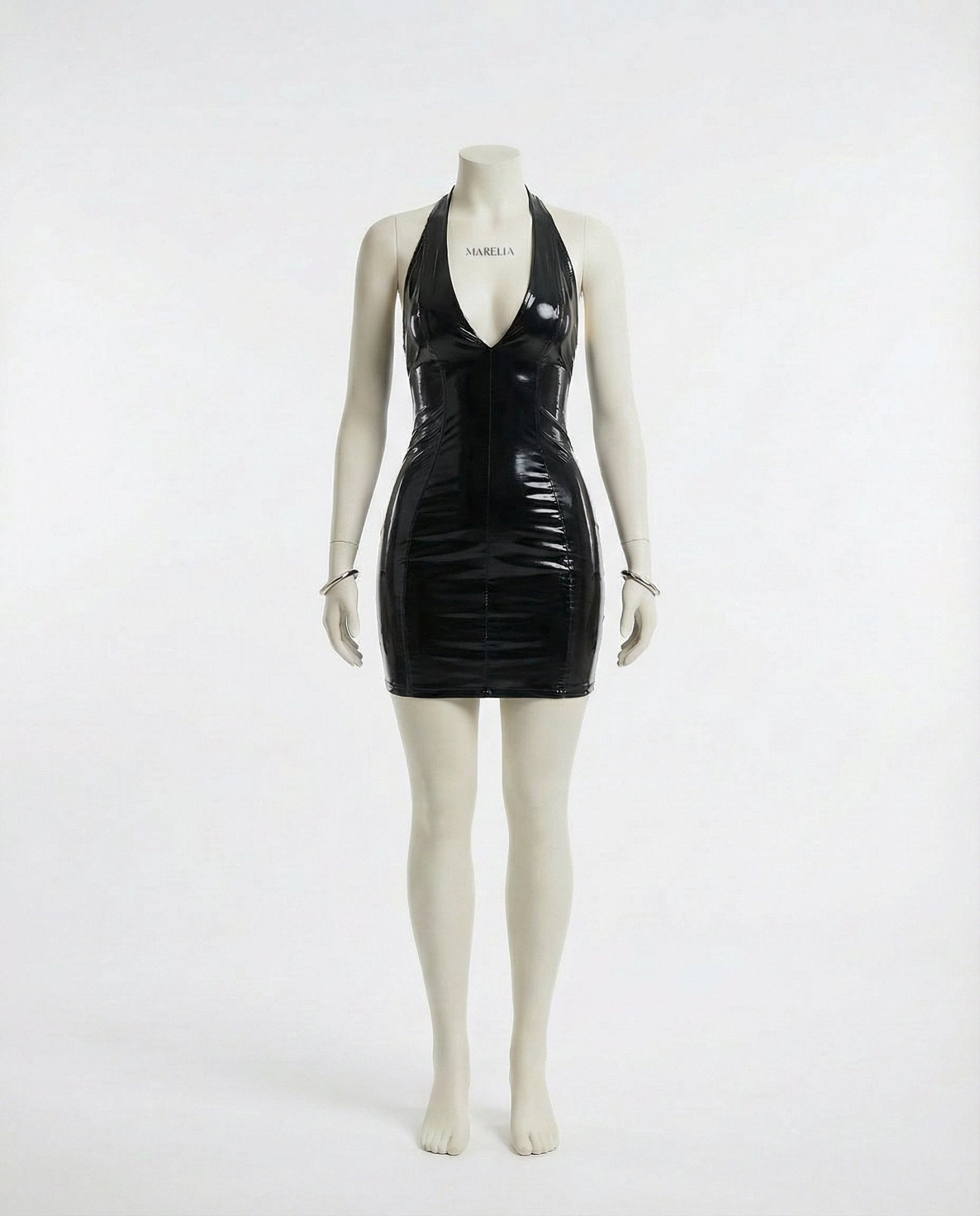 Black Latex Halter Neck Mini Dress - Marelia