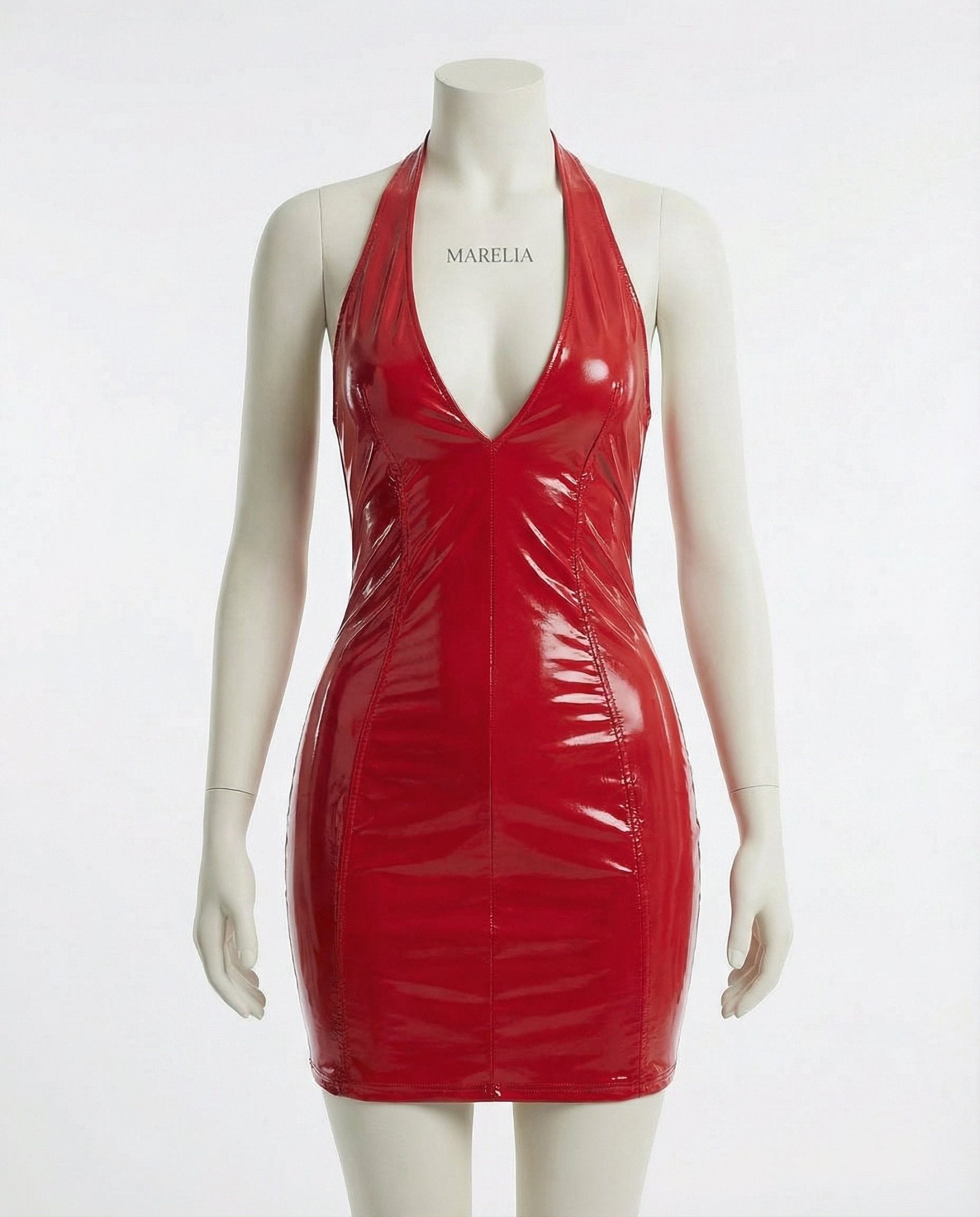 Red Latex Halter Neck Mini Dress - Marelia