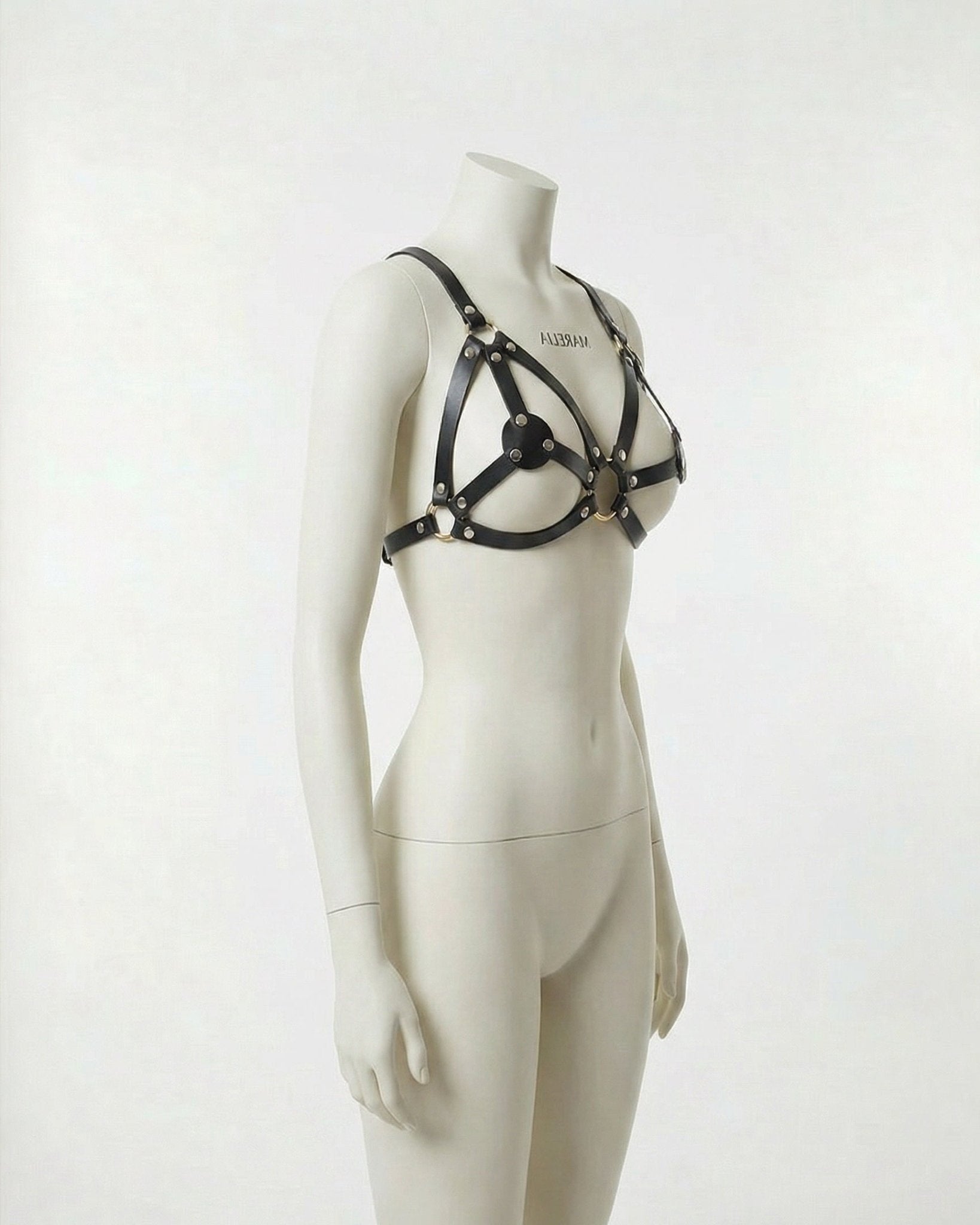 Black Leather Open Cup Harness Bra - MARELIA